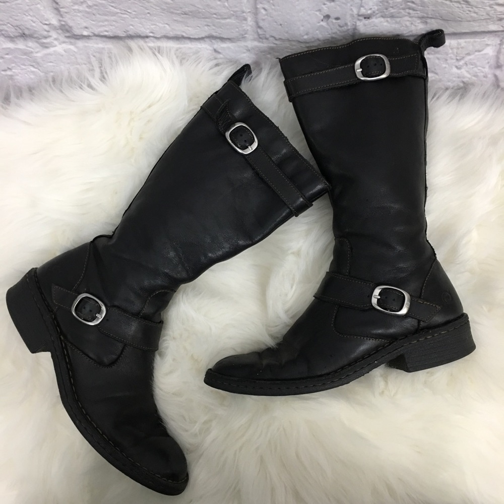 Born Black Leather Motorcycle Buckle Boots Size 8